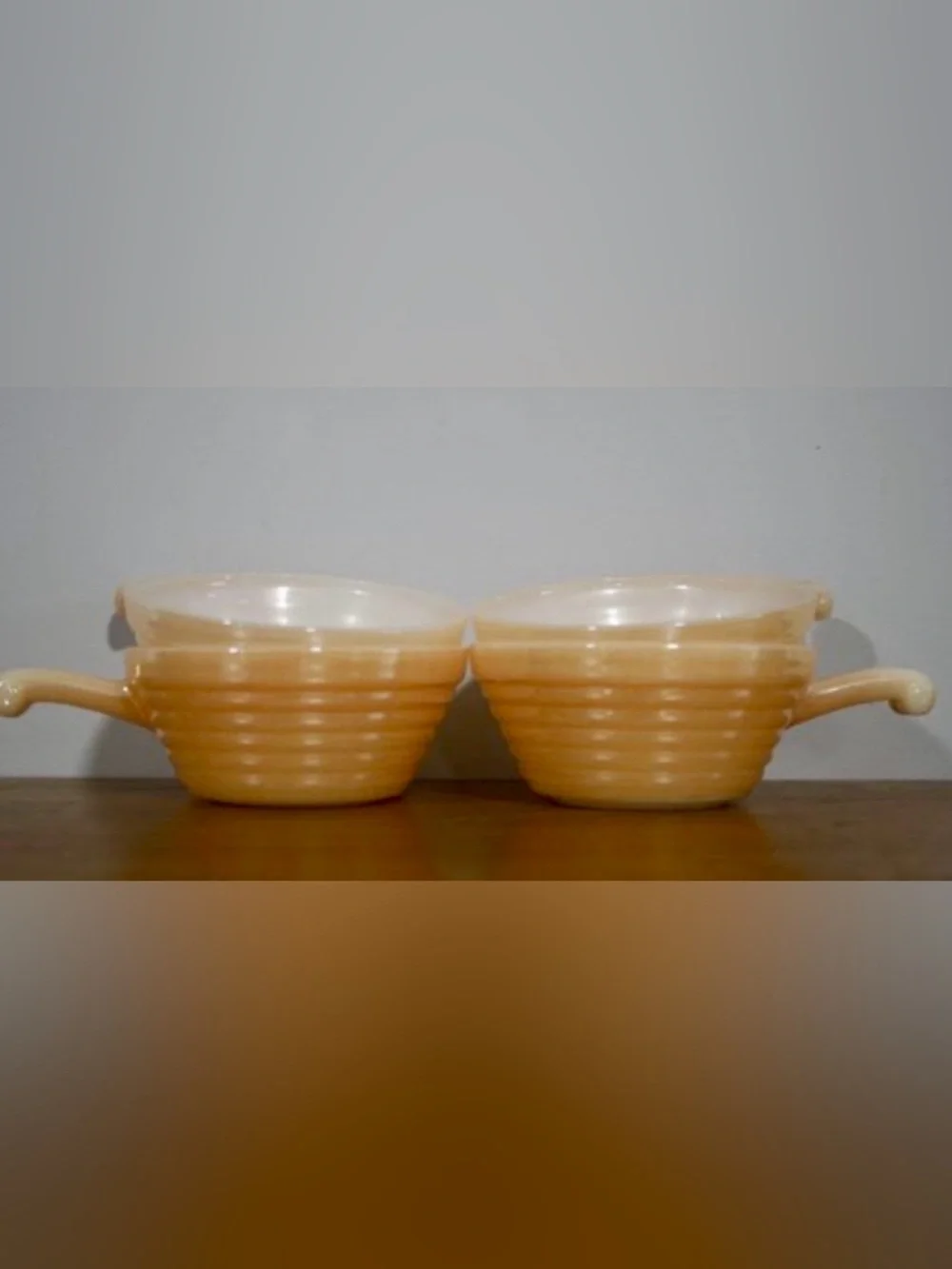 Gorgeous Peach Luster Fire King Beehive Ribbed Set of 4 Handled Soup Bowls